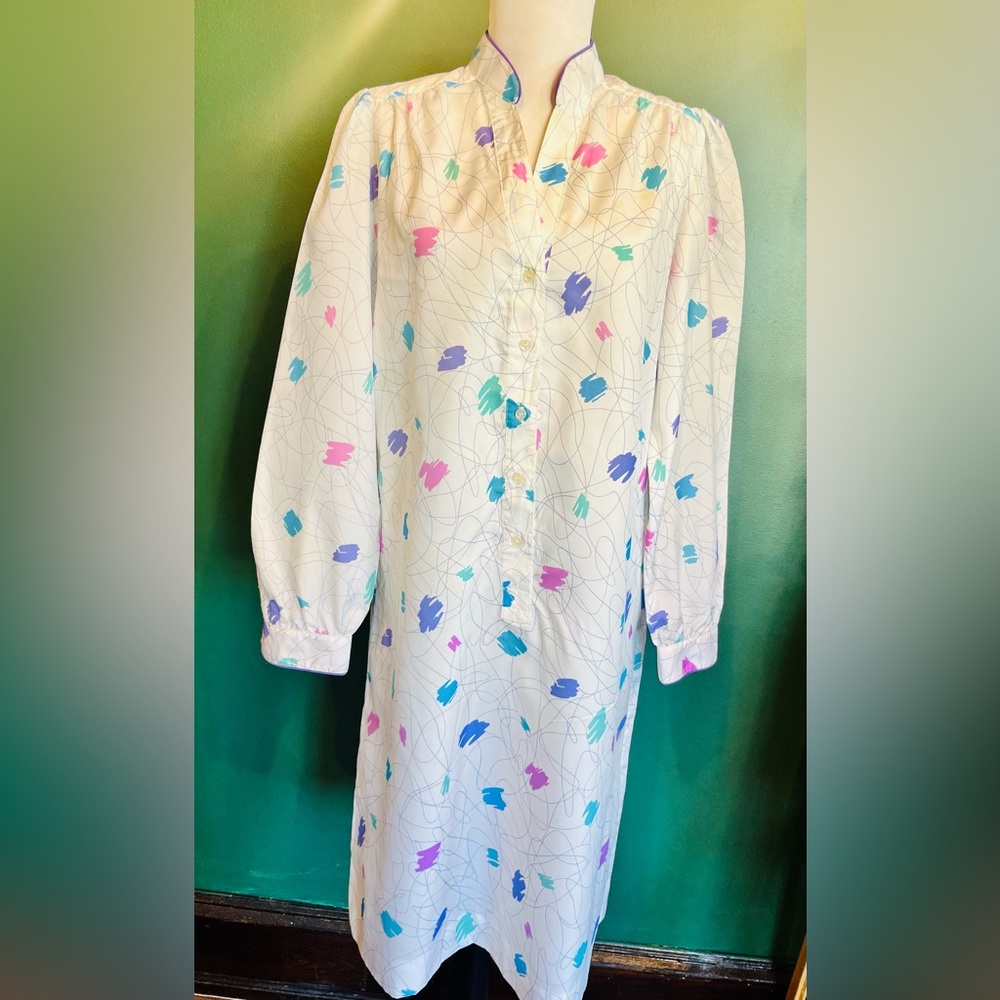 Vintage 1960s Style Shift Dress - White with Pastel “Paint Splashes”